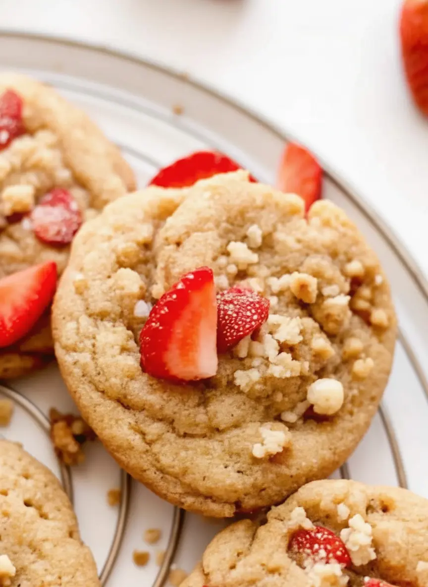 A beautifully composed (3:4 ratio) flat lay of the key ingredients for Strawberry Shortcake Cookies laid out on a clean wooden cutting board on a marble countertop. Focus on a bowl of finely diced fresh strawberries, a bowl of dry ingredients (flour, sugar for streusel), and softened butter, with an egg. The setting is clean and tidy, illuminated by soft natural morning light, with gentle shadows. No hands or people visible.