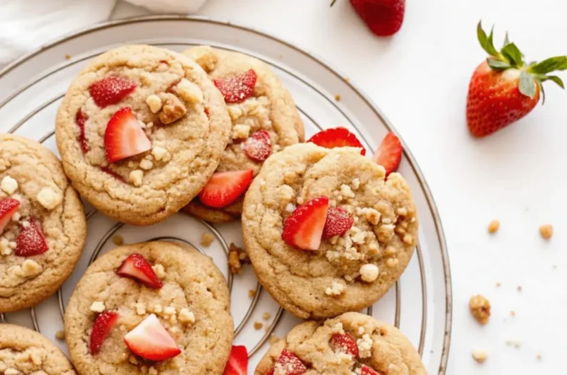 A vibrant and inviting overhead shot (4:3 ratio) of freshly baked Strawberry Shortcake Cookies arranged on a white cooling rack set atop a piece of parchment paper on a marble countertop. The cookies are pale golden with crinkled edges, generously dotted with small, bright red strawberry pieces and a delicate, light brown streusel crumble. Several fresh strawberry halves with green stems are artfully placed around the cookies. The scene is bathed in soft, natural morning light, casting warm tones and gentle shadows. A subtle wood accent is visible in the background, maintaining a clean and tidy aesthetic. No hands or people.