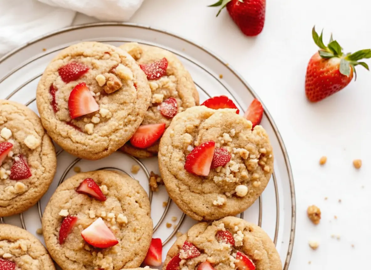 A vibrant and inviting overhead shot (4:3 ratio) of freshly baked Strawberry Shortcake Cookies arranged on a white cooling rack set atop a piece of parchment paper on a marble countertop. The cookies are pale golden with crinkled edges, generously dotted with small, bright red strawberry pieces and a delicate, light brown streusel crumble. Several fresh strawberry halves with green stems are artfully placed around the cookies. The scene is bathed in soft, natural morning light, casting warm tones and gentle shadows. A subtle wood accent is visible in the background, maintaining a clean and tidy aesthetic. No hands or people.