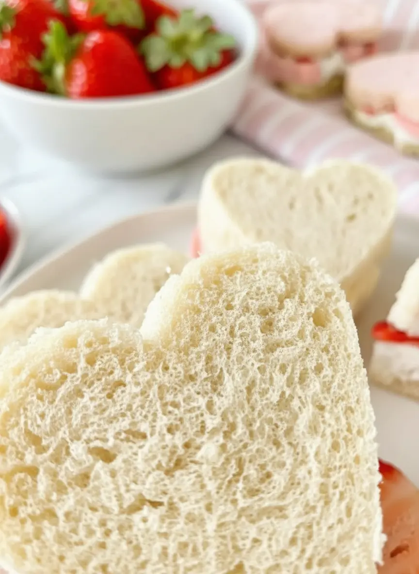 A wooden cutting board with a loaf of white bread, an 8oz block of cream cheese, a small bowl of fresh strawberries, and a heart-shaped cookie cutter, all bathed in natural morning light on a marble countertop with soft shadows and a sprig of fresh mint in the background.