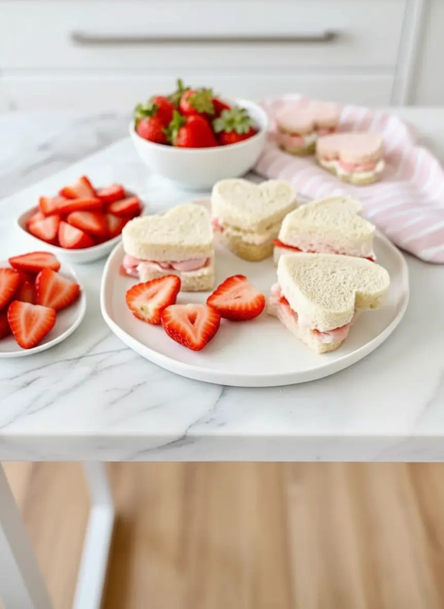 Partially assembled heart-shaped Strawberry Tea Sandwiches on a minimalist white plate. One sandwich shows a layer of pink strawberry cream cheese spread on bread, with thin slices of fresh strawberries being placed on top, on a marble countertop with gentle morning light.