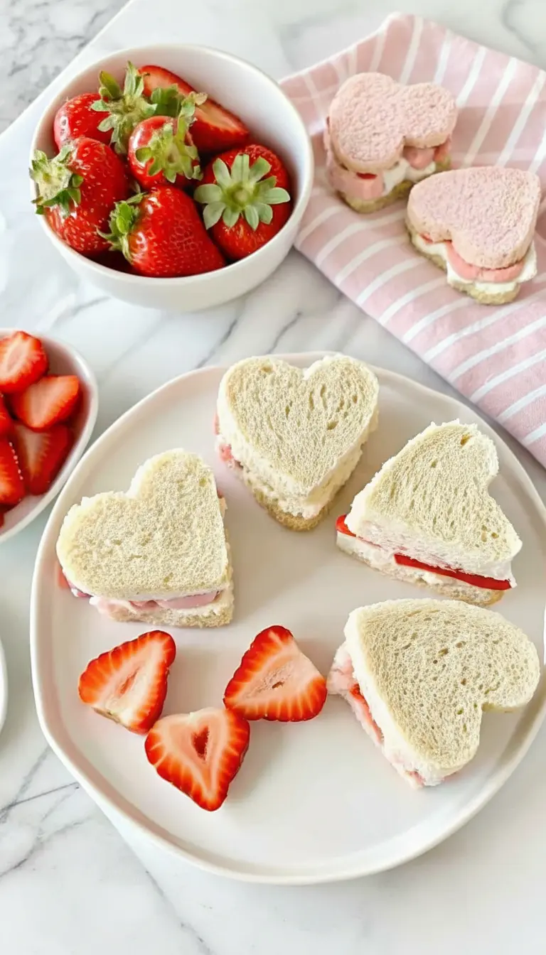 A close-up, slightly elevated shot of two heart-shaped Strawberry Tea Sandwiches on a minimalist white plate, one showing the delicate texture of the white bread and the pink strawberry cream cheese filling with strawberry slices, set on a marble countertop with soft natural light and a sprig of fresh mint in a tiny ceramic bowl in the background.