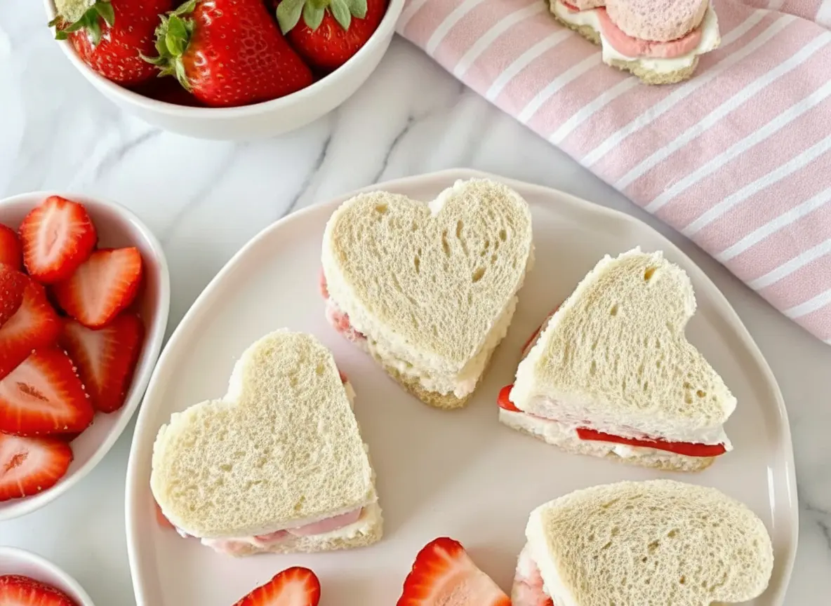 Hero shot of multiple heart-shaped Strawberry Tea Sandwiches arranged on a minimalist white plate and a rectangular white platter, with some sandwiches open to show the pink cream cheese and fresh strawberry layers, and a small white bowl of fresh strawberries in the background, all on a light marble countertop with soft morning light and warm tones.