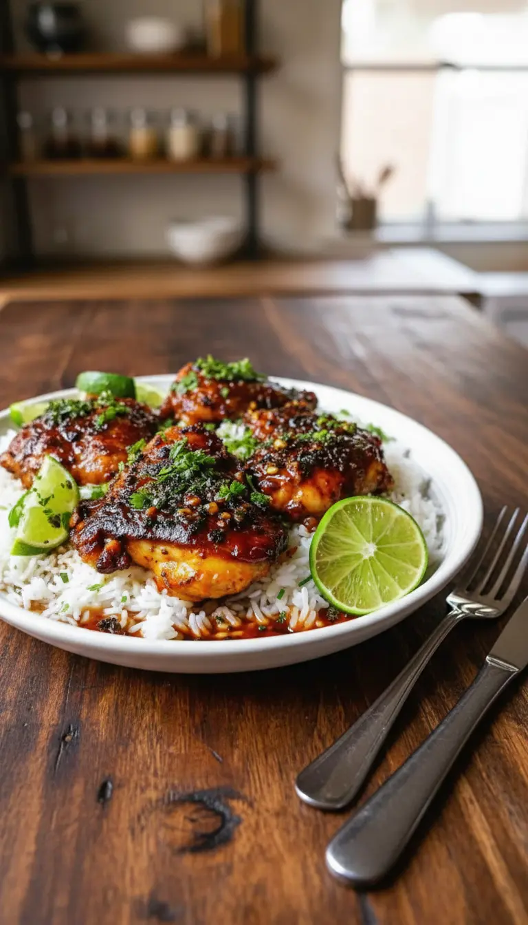 Close-up of a single piece of cooked Tangy Honey Lime Chicken, showcasing the rich, dark amber sticky glaze and visible flecks of green herbs, served on a mound of fluffy white rice on a minimalist white plate. A lime wedge is visible to the side. The image emphasizes the texture and sheen of the glaze under warm, natural morning light. Shot in 3:4 aspect ratio.