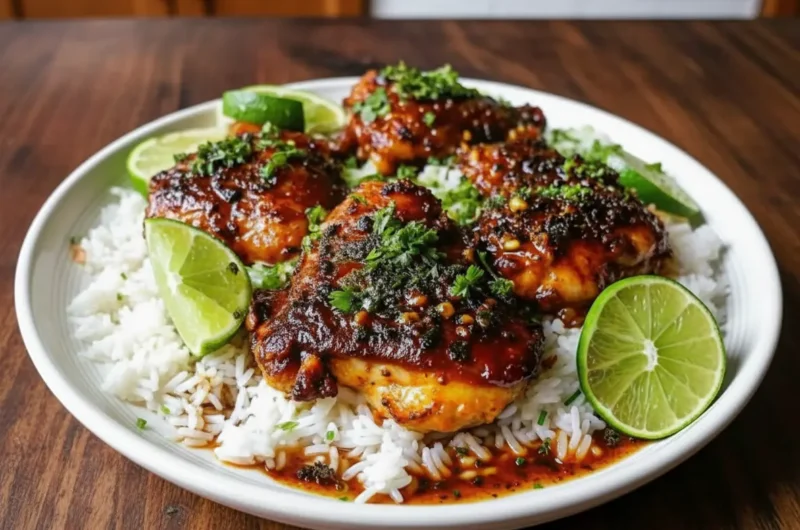 Hero shot of cooked Tangy Honey Lime Chicken thighs, glistening with a dark amber, sticky glaze, generously topped with fresh chopped green herbs, and bright green lime slices, all nestled on a bed of fluffy white rice on a minimalist white plate. The setting is a clean marble countertop with subtle wood accents, bathed in natural morning light from an east window, soft shadows, warm tones, and a glimpse of fresh herbs in the background. Shot in 4:3 aspect ratio.