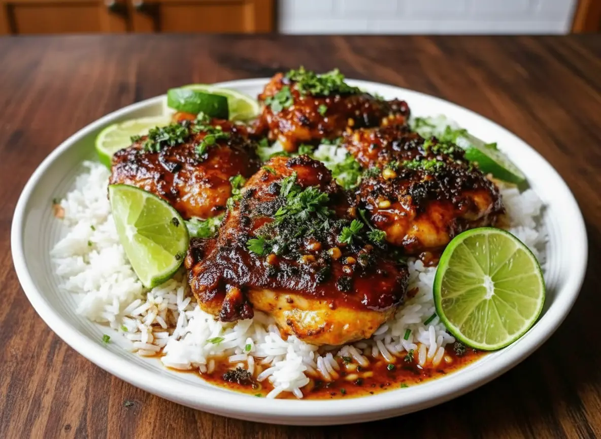 Hero shot of cooked Tangy Honey Lime Chicken thighs, glistening with a dark amber, sticky glaze, generously topped with fresh chopped green herbs, and bright green lime slices, all nestled on a bed of fluffy white rice on a minimalist white plate. The setting is a clean marble countertop with subtle wood accents, bathed in natural morning light from an east window, soft shadows, warm tones, and a glimpse of fresh herbs in the background. Shot in 4:3 aspect ratio.