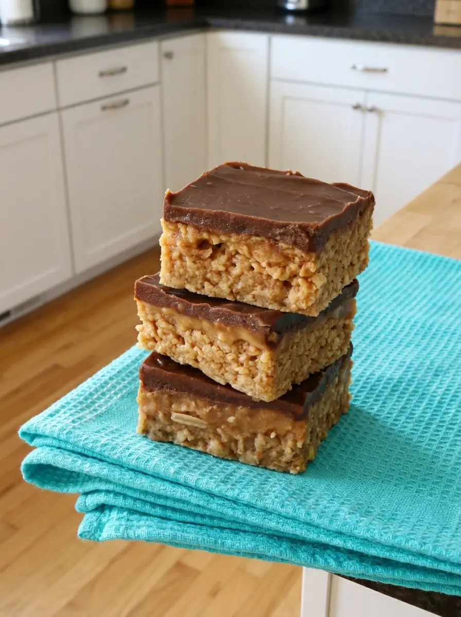 A close-up shot of the The Best No Bake Scotcheroos base being pressed into a 9x13 inch pan on a wooden cutting board, with a piece of parchment paper used for even pressing. The melted peanut butter and cereal mixture shows its texture clearly under soft, natural morning light from an east window. Clean and tidy, warm tones. (3:4 ratio, no hands)