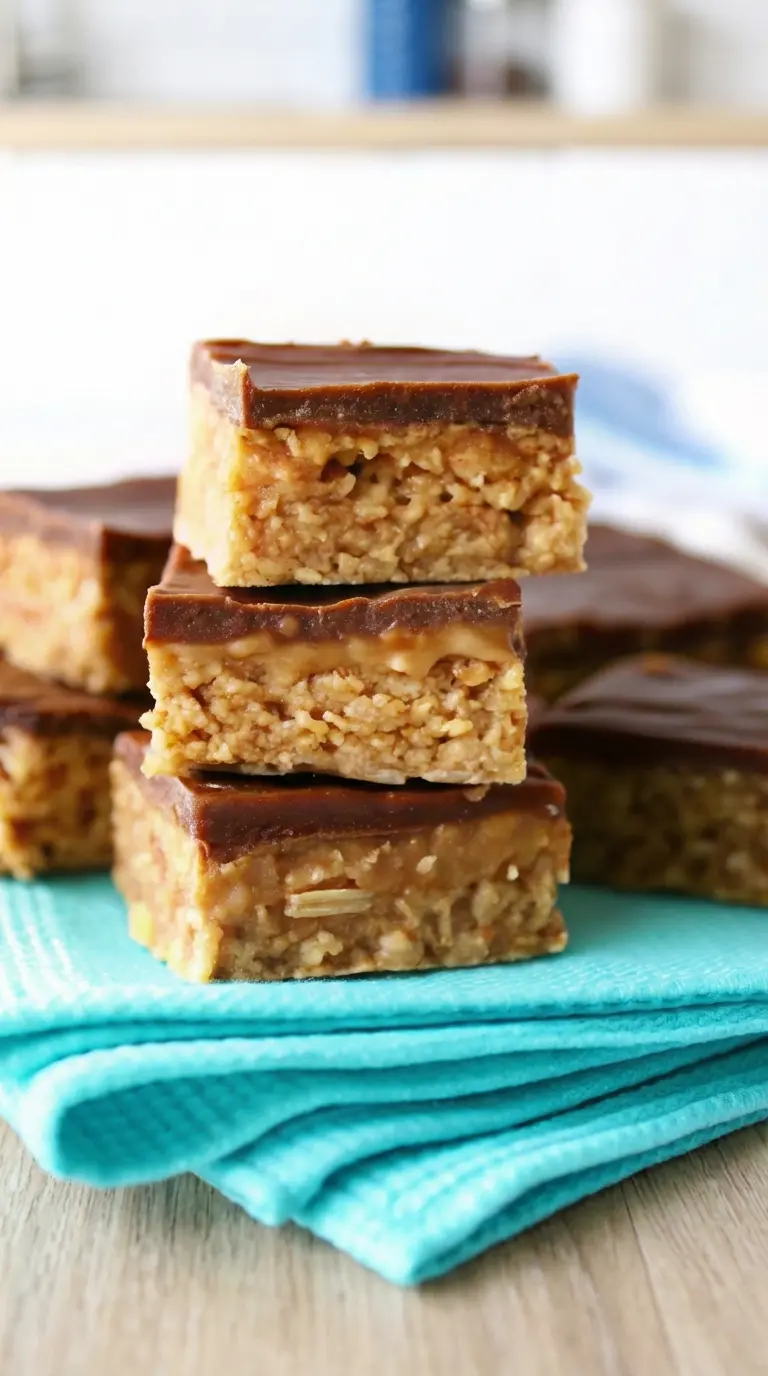 A single square of The Best No Bake Scotcheroos artfully placed on a minimalist white ceramic plate, cut to show the irresistible layers: crispy cereal base, peanut butter butterscotch, and a rich chocolate topping. Soft shadows highlight the texture, with fresh herbs subtly in the very soft focus background. Natural morning light from an east window on a marble countertop. (3:4 ratio, no hands)
