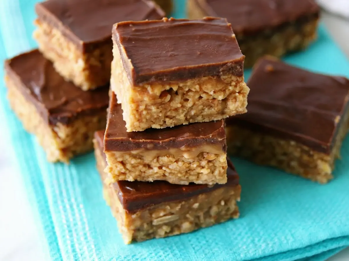 A vibrant stack of freshly made The Best No Bake Scotcheroos squares, showcasing the distinct layers of crispy cereal base, creamy peanut butter butterscotch, and a smooth, glossy chocolate topping. The squares are artfully arranged on a teal linen napkin, placed on a light marble countertop, bathed in natural morning light from an east-facing window, with soft shadows and warm tones. Clean, tidy presentation, no hands.