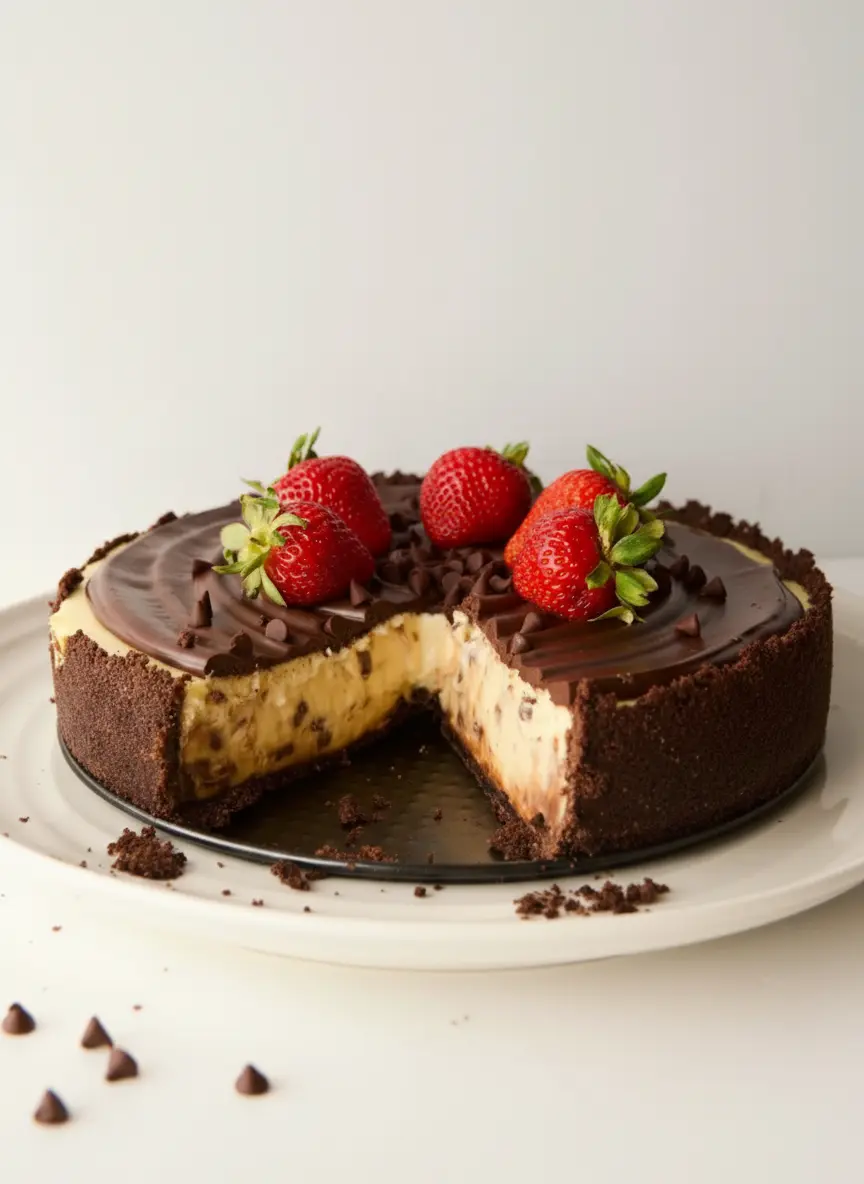 A close-up of ingredients for Chocolate Chip Cheesecake: softened cream cheese blocks, a bowl of mini chocolate chips, vanilla beans, chocolate sandwich cookies, and a stick of butter, artfully arranged on a wooden cutting board against a marble countertop. Natural morning light, warm tones, clean and tidy presentation, no hands, 3:4 aspect ratio.