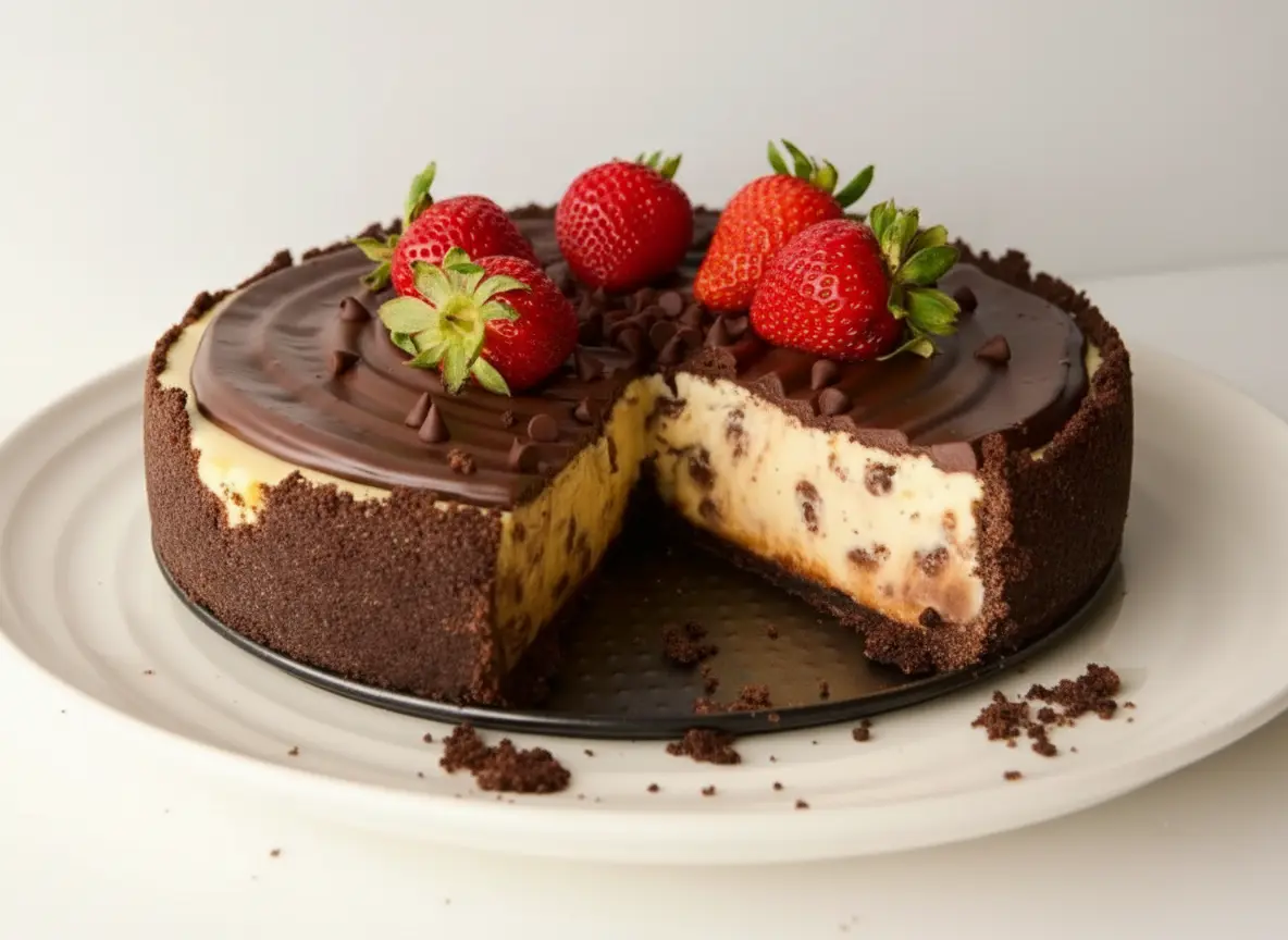 A partially sliced Chocolate Chip Cheesecake on a minimalist white ceramic cake stand, showcasing its dark chocolate cookie crust, creamy light yellow filling studded with chocolate chips, and a smooth chocolate ganache topping adorned with swirl patterns, fresh whole strawberries, and scattered mini chocolate chips. The scene is bathed in natural morning light from an east window, set on a marble countertop with a subtle wood accent in the background. Soft shadows and warm tones, clean and tidy presentation, no hands, 4:3 aspect ratio.