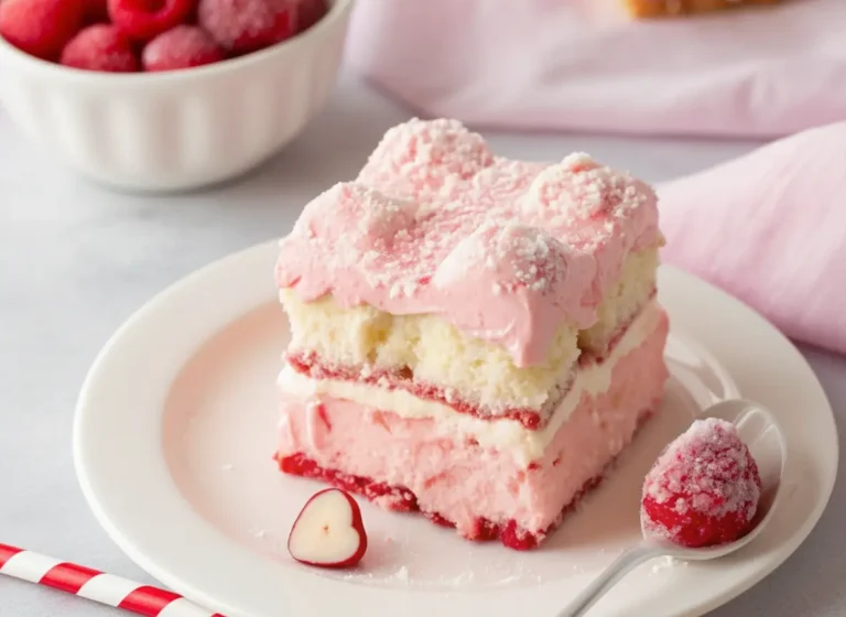 A single perfect square slice of White Chocolate Raspberry Tiramisu, showcasing distinct layers of pink raspberry white chocolate cream and ladyfingers, topped with shredded coconut. It is served on a minimalist white plate, resting on a clean marble countertop with soft morning light from an east window. A single fresh red raspberry and delicate white chocolate shards are placed artfully on the plate next to it. In the foreground, subtly visible, are pink and white striped paper straws. The background features warm tones and soft shadows, with a hint of a wooden accent.