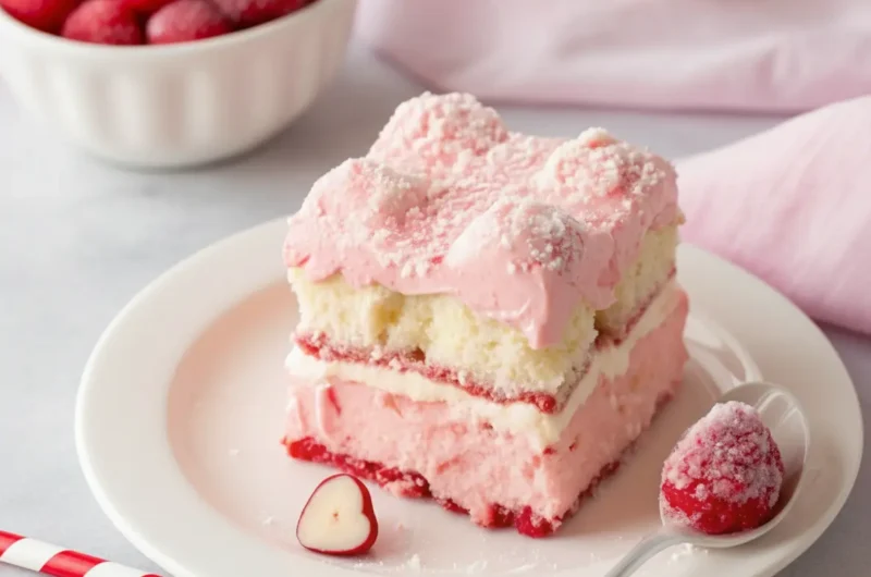 A single perfect square slice of White Chocolate Raspberry Tiramisu, showcasing distinct layers of pink raspberry white chocolate cream and ladyfingers, topped with shredded coconut. It is served on a minimalist white plate, resting on a clean marble countertop with soft morning light from an east window. A single fresh red raspberry and delicate white chocolate shards are placed artfully on the plate next to it. In the foreground, subtly visible, are pink and white striped paper straws. The background features warm tones and soft shadows, with a hint of a wooden accent.