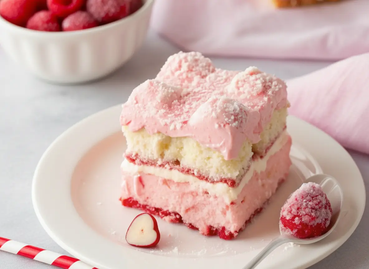 A single perfect square slice of White Chocolate Raspberry Tiramisu, showcasing distinct layers of pink raspberry white chocolate cream and ladyfingers, topped with shredded coconut. It is served on a minimalist white plate, resting on a clean marble countertop with soft morning light from an east window. A single fresh red raspberry and delicate white chocolate shards are placed artfully on the plate next to it. In the foreground, subtly visible, are pink and white striped paper straws. The background features warm tones and soft shadows, with a hint of a wooden accent.