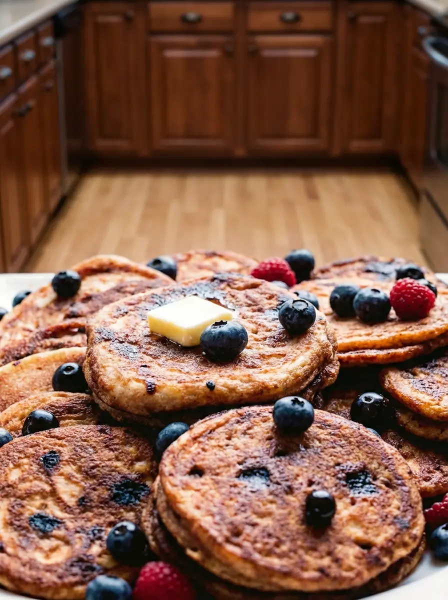 A process shot showing the pancake batter in a large ceramic mixing bowl. The batter is thick and oatmeal-colored with swirls of purple from the blueberries being folded in. A wooden spoon rests inside the bowl. The background features the warm tones of the kitchen with soft focus on the window light.