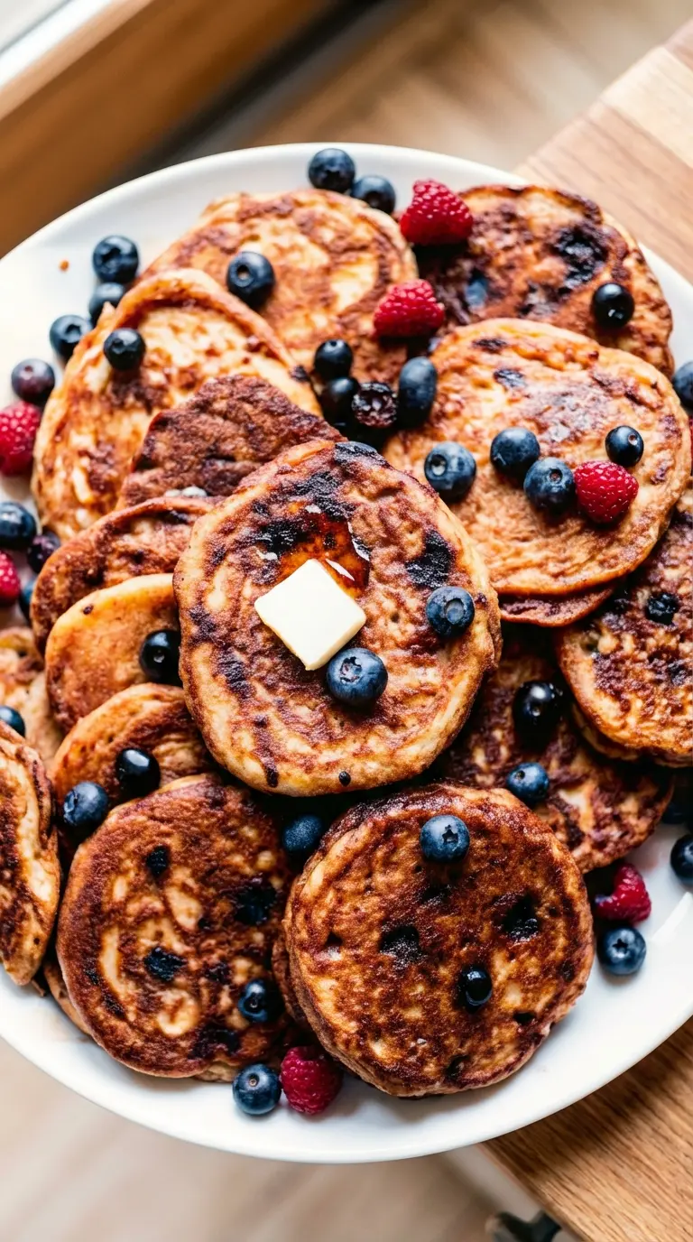 A close-up texture shot of the cooked pancakes. The stack has been cut into, revealing the fluffy interior structure and juicy cooked blueberries. Steam is gently rising from the hot cakes. The focus is sharp on the crumb texture, with the background blurring into the neutral tones of the kitchen environment.
