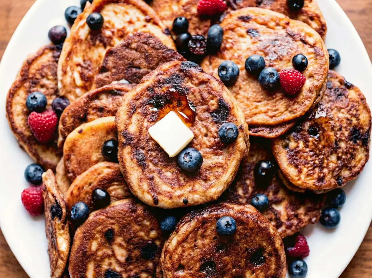 A top-down, hero shot of a stack of golden-brown whole wheat pancakes on a minimalist white ceramic plate. The pancakes are thick and fluffy, with visible dark blueberries bursting through the surface. A square pat of yellow butter is melting on top, with amber maple syrup cascading down the sides. The plate sits on a marble countertop with wood accents. Natural morning light from the east creates soft shadows. In the background, out of focus, a small pot of fresh herbs and a wooden cutting board suggest a lived-in kitchen.