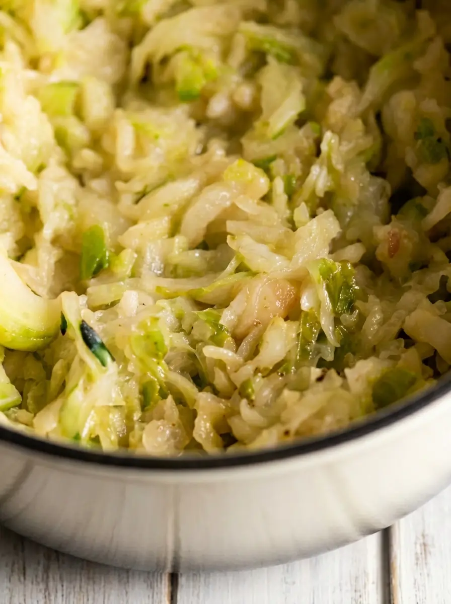 A 3:4 close-up of finely shredded green cabbage and peeled, quartered floury potatoes on a signature wooden cutting board, ready for the Irish Potatoes And Cabbage preparation. A silver vegetable peeler with a wooden handle is visible nearby. Natural morning light casts soft shadows on the marble countertop background.