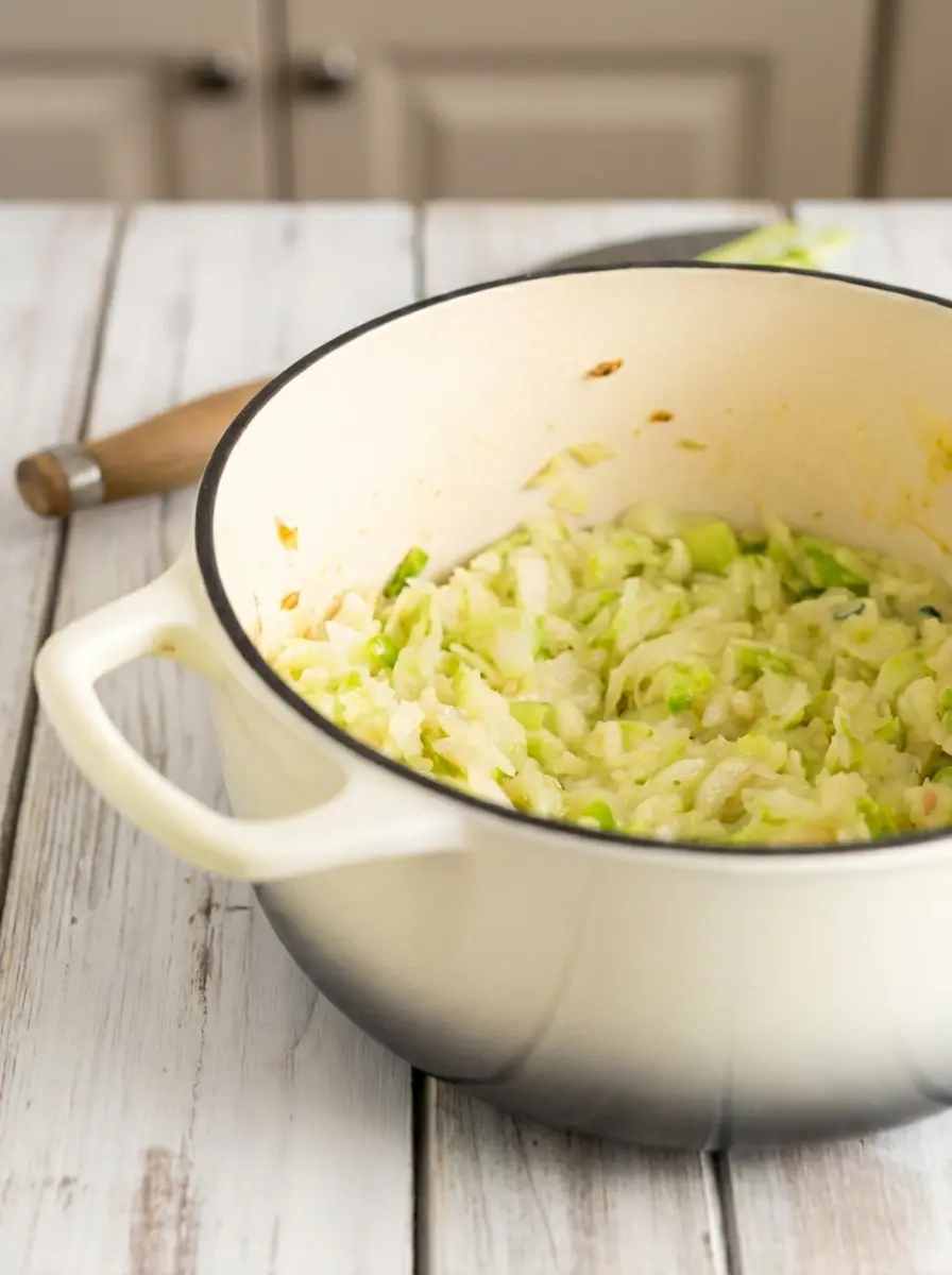A 3:4 shot capturing the process of gently stirring the tender, sautéed shredded cabbage into creamy, mashed pale yellow potatoes inside a white enamel cast iron pot. The mixture has a harmonious light green and off-white color and soft, slightly lumpy texture. The pot sits on a marble countertop, illuminated by natural morning light, showing genuine love for the process.
