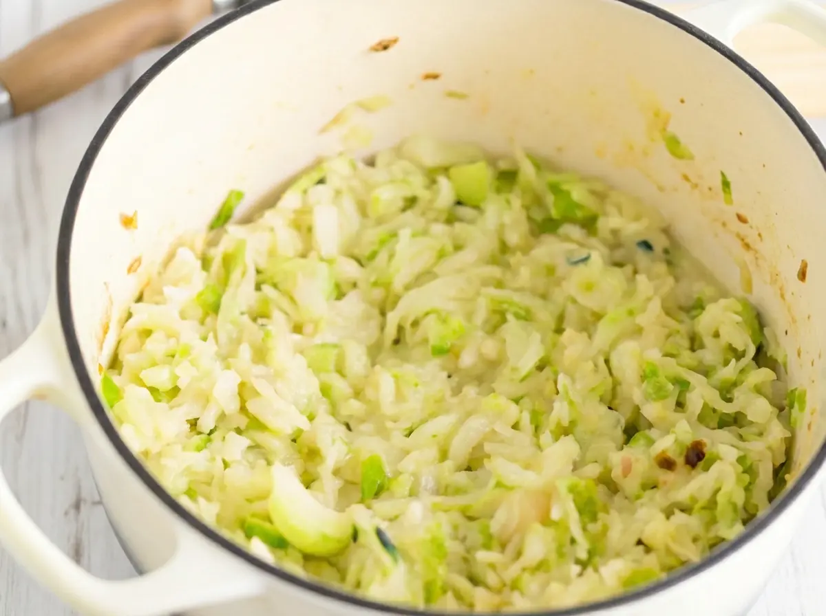 A beautiful 4:3 hero shot of the finished Irish Potatoes And Cabbage, with its creamy, light green and off-white texture, served in a white enameled cast iron pot with a black rim. Bathed in natural morning light on a marble countertop, with a subtle wooden accent in the background. Fresh herbs in a minimalist ceramic bowl are softly blurred, a pristine wooden cutting board partially visible. Soft shadows, warm tones, clean and tidy presentation.