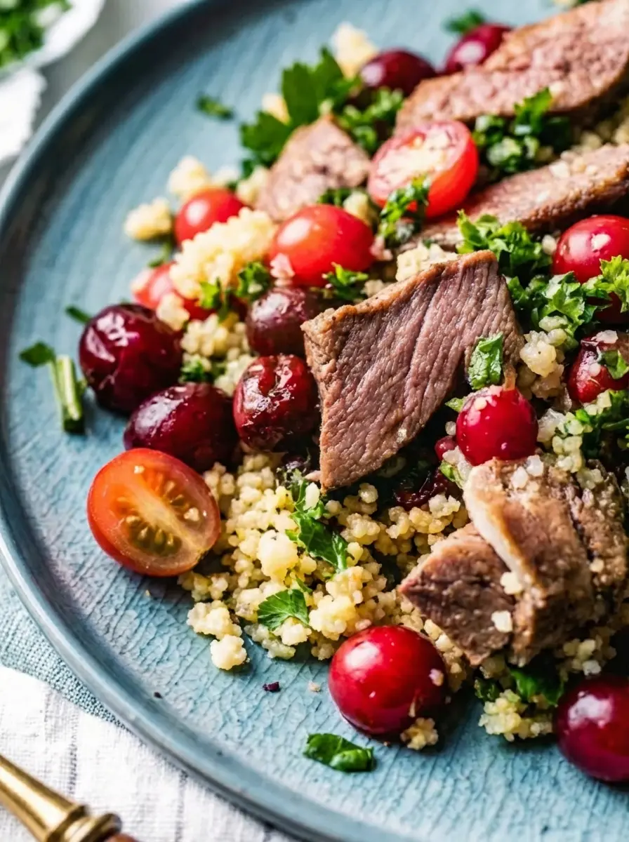 A wooden cutting board on a marble countertop with fresh, whole and halved red cherries, thinly sliced white and red radishes, and a small ceramic bowl of rinsed quinoa. Beside it, a raw lamb sirloin seasoned with salt and pepper, ready for cooking. Natural morning light from an east window casts soft shadows. Fresh herbs in a ceramic bowl are visible in the background. Clean and tidy presentation. (3:4 aspect ratio)