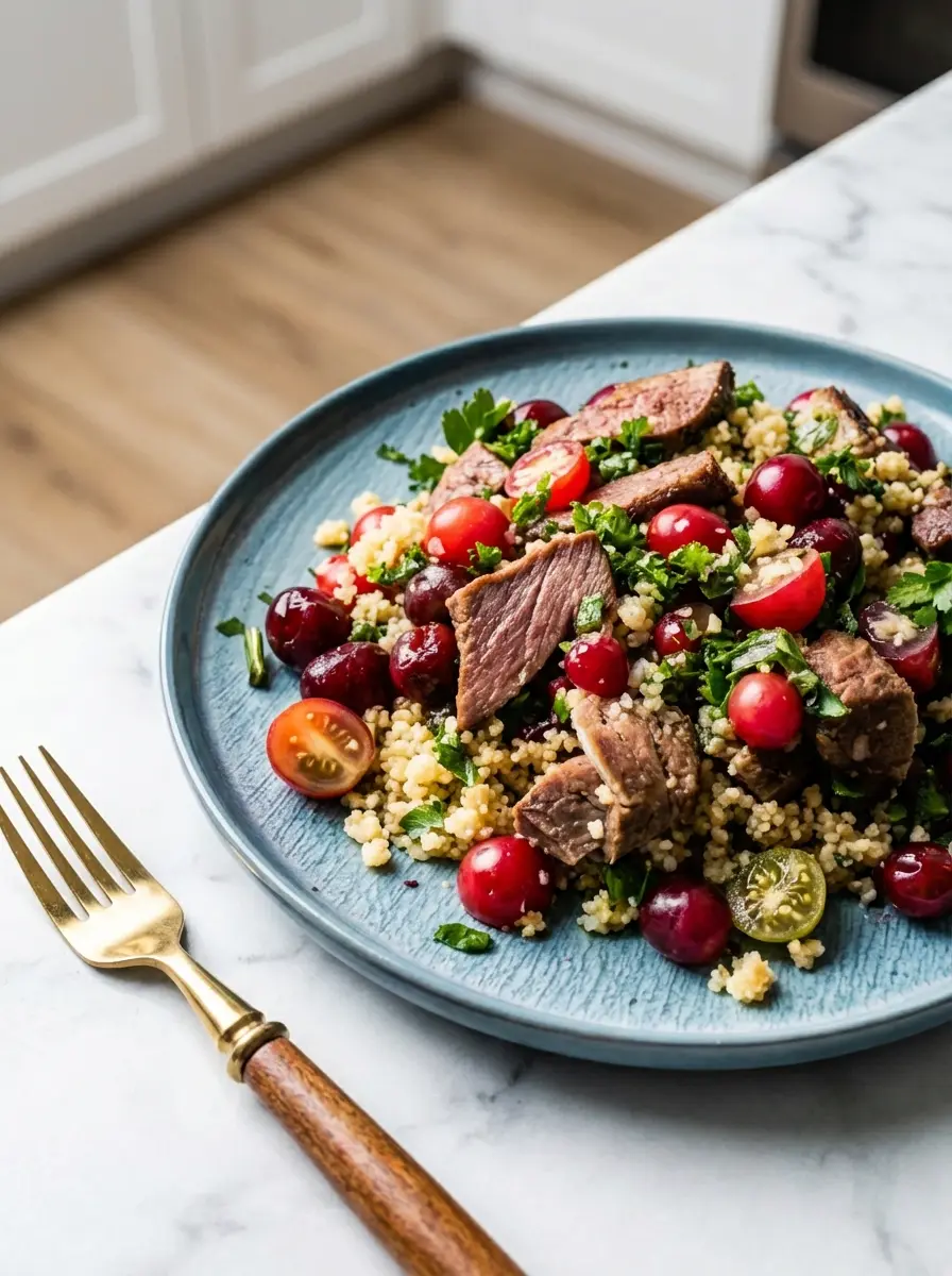 A close-up shot focusing on a skillet with perfectly seared, sliced lamb resting on a wooden cutting board, clearly showing the tender pink interior. In the background, a saucepan with fluffy cooked quinoa and a small bowl of a vibrant lemon-herb vinaigrette. Natural morning light from an east window, warm tones, clean and tidy kitchen environment. (3:4 aspect ratio)
