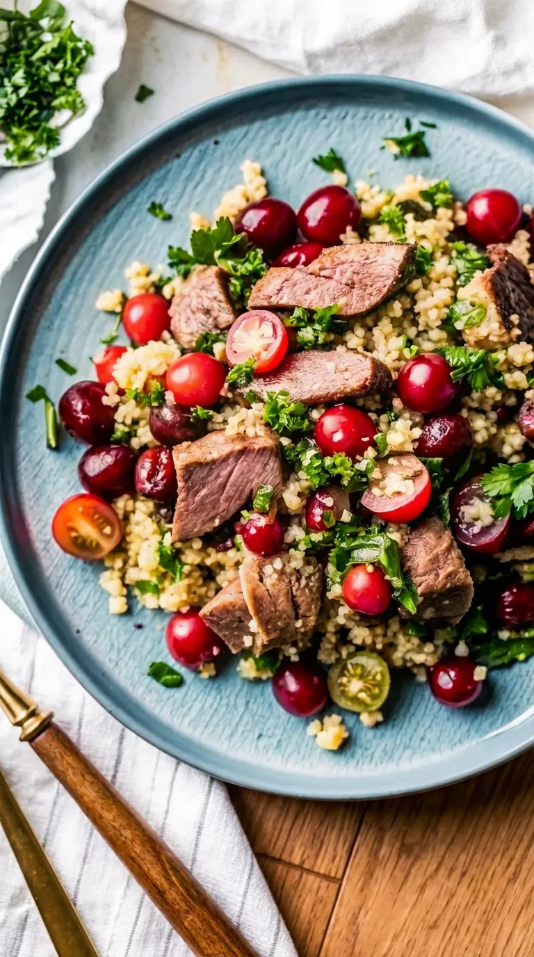 A close-up of a portion of Cherry Quinoa Salad With Lamb on a minimalist white plate, showcasing the textures of the seared lamb slices with pink centers, individual fluffy quinoa grains, juicy bright red cherries (whole and halved), and crisp white radish pieces. Garnished with finely chopped fresh parsley. Natural morning light from an east window, soft shadows, a glimpse of wood accents. (3:4 aspect ratio)