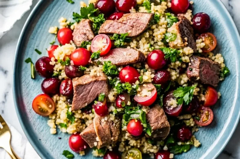 A vibrant Cherry Quinoa Salad With Lamb served in a minimalist blue ceramic bowl, placed on a light marble countertop with a subtle wood accent. The salad features distinct pieces of pink-centered lamb, fluffy white quinoa, bright red whole and halved cherries, small white radish pieces, and finely chopped green parsley. Natural morning light from an east window casts soft shadows. A wooden cutting board and fresh herbs in the background. Clean and tidy presentation. (4:3 aspect ratio)