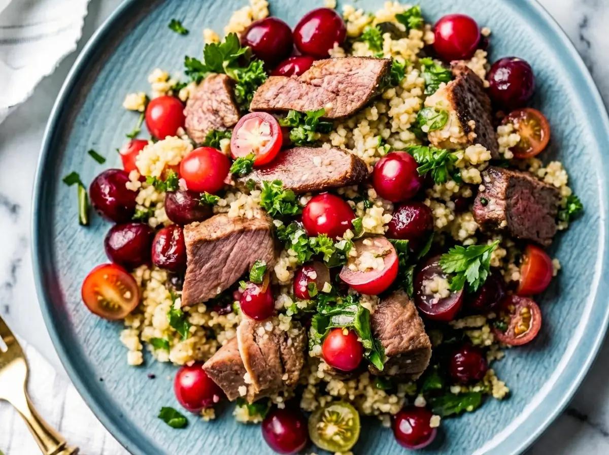 A vibrant Cherry Quinoa Salad With Lamb served in a minimalist blue ceramic bowl, placed on a light marble countertop with a subtle wood accent. The salad features distinct pieces of pink-centered lamb, fluffy white quinoa, bright red whole and halved cherries, small white radish pieces, and finely chopped green parsley. Natural morning light from an east window casts soft shadows. A wooden cutting board and fresh herbs in the background. Clean and tidy presentation. (4:3 aspect ratio)