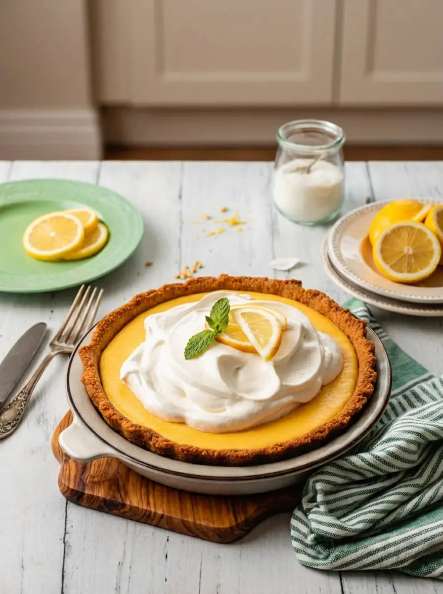 Process shot of preparing a Creamy Lemon Pie: a light gray ceramic bowl filled with bright yellow lemon filling mixture (condensed milk, lemon juice, egg yolks) being gently whisked, with fresh lemon halves nearby on a marble countertop. A pre-baked graham cracker crust pie shell is visible in the background on a wooden cutting board. Natural morning light, soft shadows, warm tones. No hands or people visible. (3:4 ratio)
