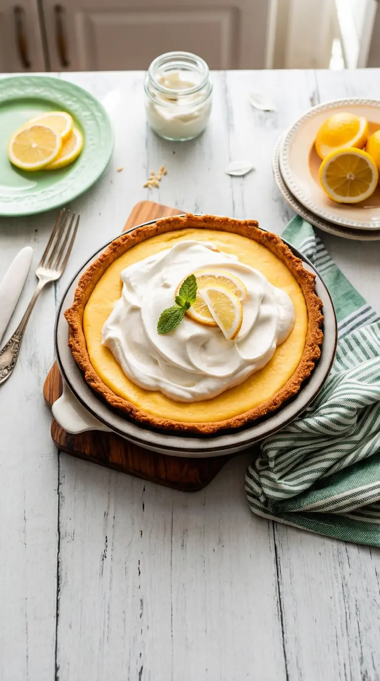 A close-up, slightly angled shot of a single slice of Creamy Lemon Pie on a minimalist white plate, revealing the thick golden graham cracker crust, the smooth, vibrant yellow lemon filling, and a generous dollop of whipped cream on top, garnished with a tiny mint sprig. The texture of the creamy filling is clearly visible. The plate sits on a marble countertop with soft morning light, warm tones. No hands or people visible. (3:4 ratio)