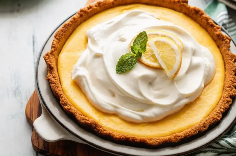 A whole Creamy Lemon Pie with a golden-brown graham cracker crust, bright yellow and smooth lemon filling, and a generous swirl of fresh whipped cream on top, garnished with two thin lemon slices and a small mint sprig. The pie is centered on a light gray ceramic plate, which sits on a rustic wooden cutting board. In the background, on a light distressed wooden table with marble accents, are a light green plate with lemon slices, a small jar with white sugar, scattered pine nuts, silverware (knife and fork), and a folded green and white striped kitchen towel. The scene is bathed in natural morning light from an east window, with soft shadows, warm tones, and a clean, tidy presentation. No hands or people visible.