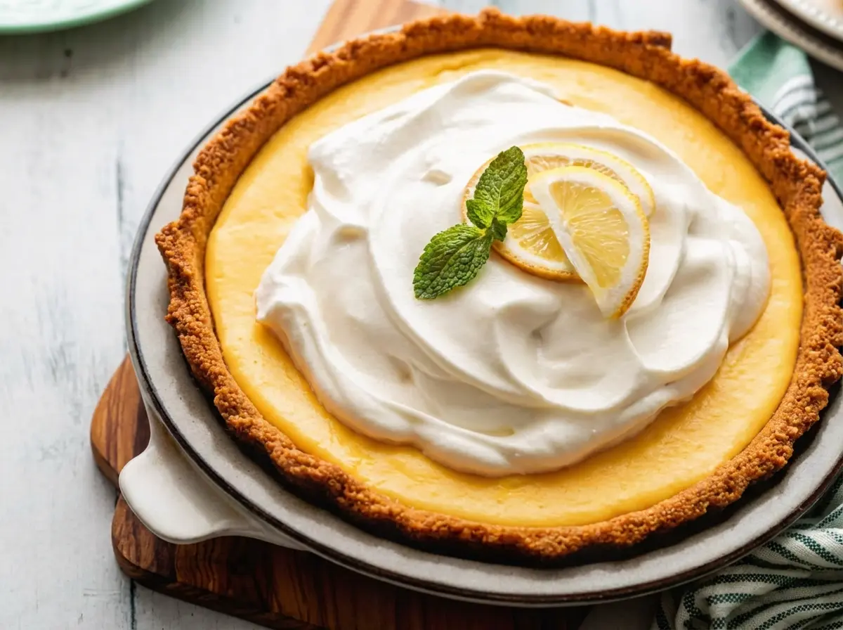 A whole Creamy Lemon Pie with a golden-brown graham cracker crust, bright yellow and smooth lemon filling, and a generous swirl of fresh whipped cream on top, garnished with two thin lemon slices and a small mint sprig. The pie is centered on a light gray ceramic plate, which sits on a rustic wooden cutting board. In the background, on a light distressed wooden table with marble accents, are a light green plate with lemon slices, a small jar with white sugar, scattered pine nuts, silverware (knife and fork), and a folded green and white striped kitchen towel. The scene is bathed in natural morning light from an east window, with soft shadows, warm tones, and a clean, tidy presentation. No hands or people visible.