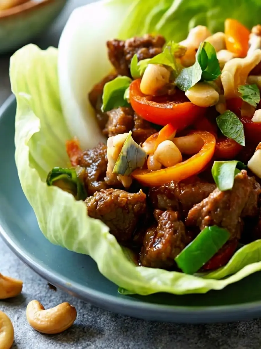 An overhead shot (3:4 ratio) of all raw ingredients for Crispy Beef and Cashew Lettuce Cups neatly arranged on a wooden cutting board on a marble countertop: thinly sliced sirloin steak, crisp butter lettuce leaves, vibrant red bell pepper slices, chopped green onions, cashews in a small ceramic bowl, and various sauce ingredients (soy sauce, rice vinegar, sesame oil) in small white ramekins. Natural morning light with soft shadows, no hands or people.