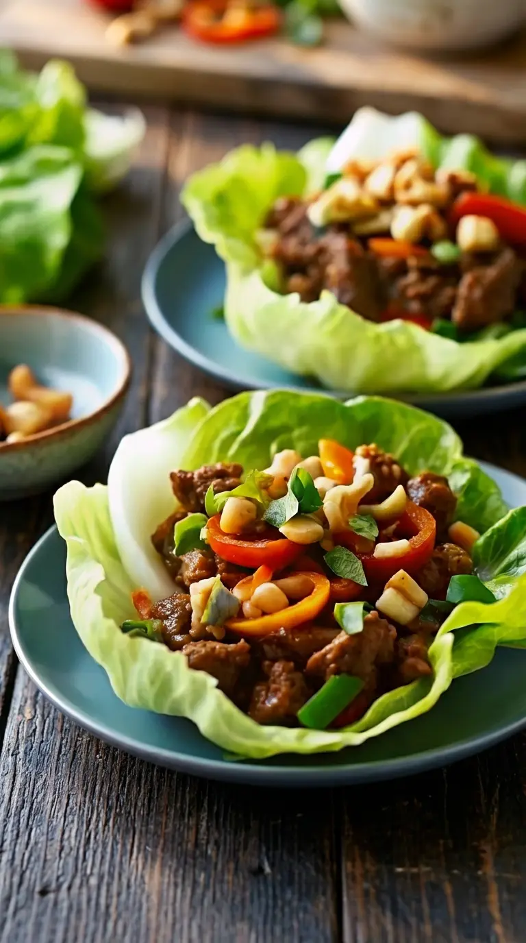 A beautifully styled arrangement (3:4 ratio) of two Crispy Beef and Cashew Lettuce Cups on minimalist black plates, showcasing the vibrant filling of savory beef, red bell peppers, green onions, and cashews. A small wooden bowl of extra cashews is blurred in the background, set on a marble counter with warm tones and consistent natural light. Clean and tidy presentation, no hands or people.