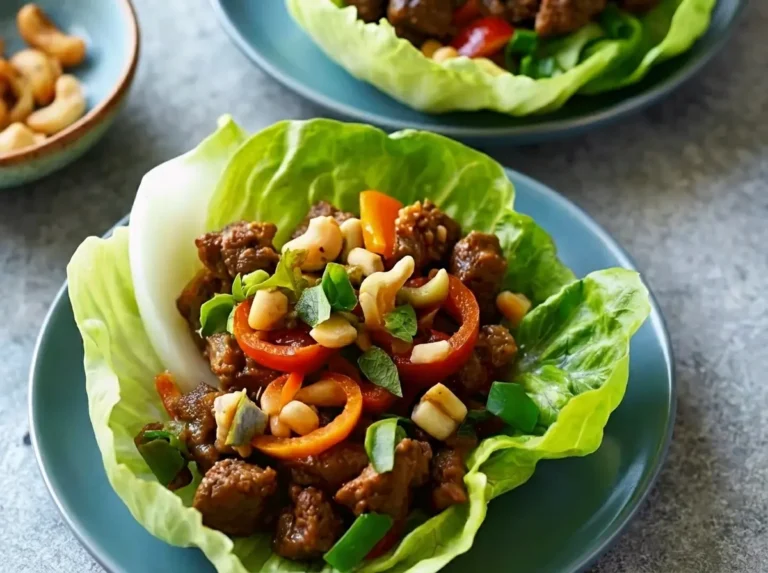 A hero shot (4:3 ratio) of a single Crispy Beef and Cashew Lettuce Cup on a minimalist black plate, generously filled with savory beef, vibrant red bell peppers, fresh green onions, and toasted cashews, set on a clean marble countertop with soft natural morning light, subtle wood accents, and blurred fresh herbs in the background. Soft shadows, warm tones, clean and tidy presentation, no hands or people.