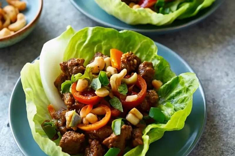 A hero shot (4:3 ratio) of a single Crispy Beef and Cashew Lettuce Cup on a minimalist black plate, generously filled with savory beef, vibrant red bell peppers, fresh green onions, and toasted cashews, set on a clean marble countertop with soft natural morning light, subtle wood accents, and blurred fresh herbs in the background. Soft shadows, warm tones, clean and tidy presentation, no hands or people.