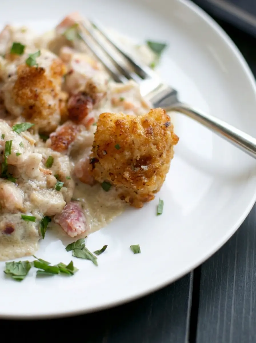A rustic wooden cutting board holds prepped ingredients for Chicken Cordon Bleu Casserole: diced cooked chicken, cubed ham, a bowl of shredded Swiss cheese, and a small pile of fresh chopped parsley. The board rests on a marble countertop, bathed in natural morning light from an east window, with soft shadows and warm tones. A small ceramic bowl of panko breadcrumbs and a small jar of Dijon mustard are subtly in the background. (3:4 ratio, no hands or people).