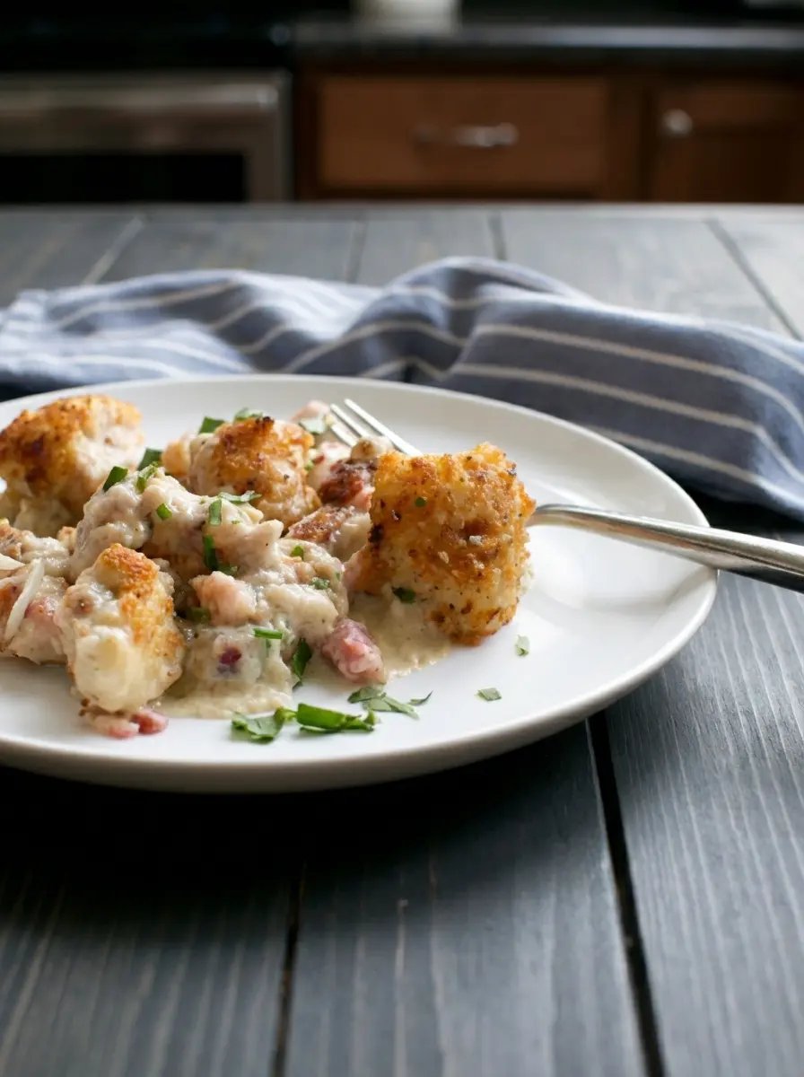 A white ceramic baking dish, partially filled with the creamy, cheesy sauce mixed with diced chicken and ham for Chicken Cordon Bleu Casserole, sits on a marble countertop. A hand (cropped out) is about to sprinkle golden panko breadcrumbs over the top. Natural morning light creates gentle highlights, with a subtle wooden accent visible in the background and fresh herbs nearby. (3:4 ratio, no hands or people).