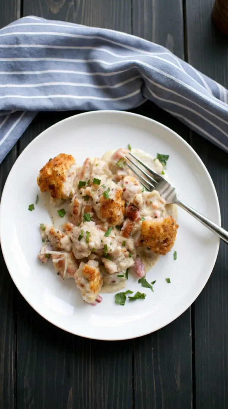 A close-up shot of the Chicken Cordon Bleu Casserole on a minimalist white ceramic plate, captured from a slightly elevated angle. The image focuses on the creamy texture of the sauce, the golden crispness of the topping, and the tender chunks of chicken and ham. A sprinkle of fresh green herbs adds a pop of color. The setting is a clean, tidy marble countertop with soft natural morning light and warm tones. (3:4 ratio, no hands or people).
