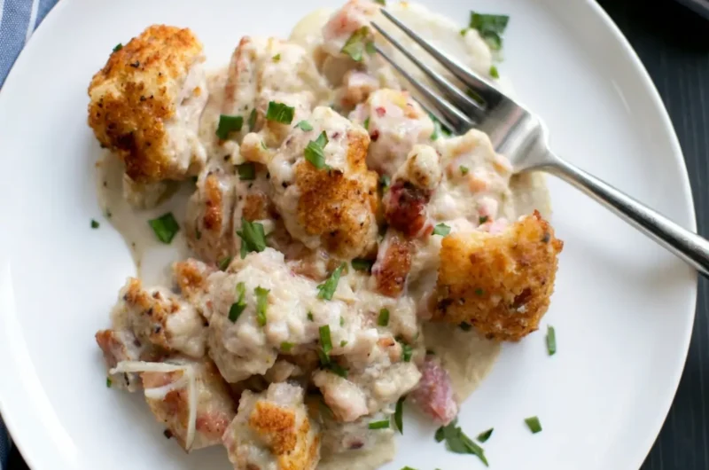 A generous serving of Chicken Cordon Bleu Casserole on a minimalist white ceramic plate. The casserole features golden brown, crispy-looking pieces of chicken mixed into a thick, creamy, off-white sauce with visible flecks of pink ham and a vibrant sprinkle of fresh chopped green herbs (parsley and chives). A silver fork rests on the edge of the plate. The plate is centered on a dark, rustic wooden surface. In the upper right background, a blue and white striped fabric peeks into the frame. The scene is bathed in natural morning light from an east window, creating soft shadows and warm tones, with a clean and tidy presentation. (4:3 ratio, no hands or people).