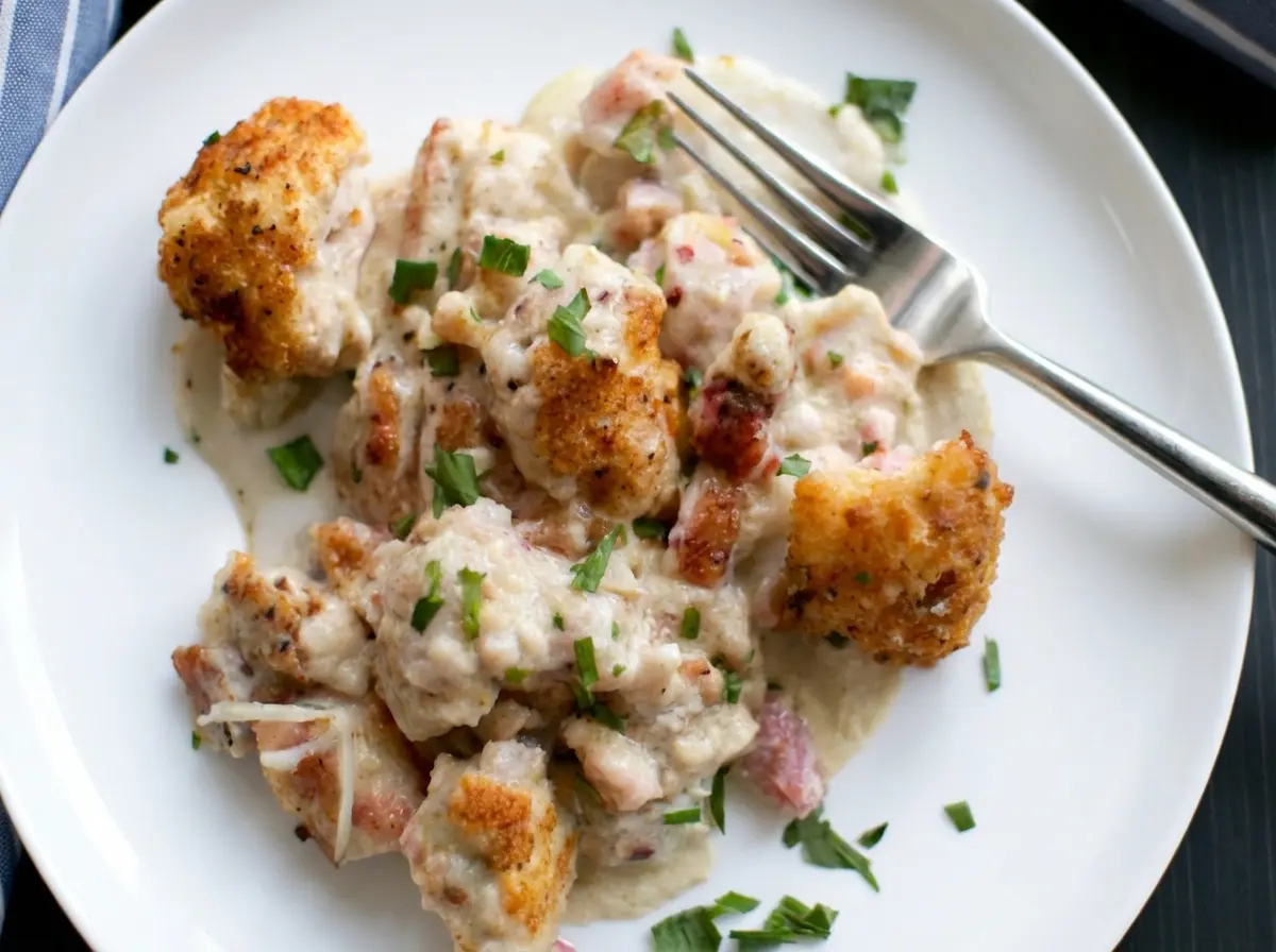 A generous serving of Chicken Cordon Bleu Casserole on a minimalist white ceramic plate. The casserole features golden brown, crispy-looking pieces of chicken mixed into a thick, creamy, off-white sauce with visible flecks of pink ham and a vibrant sprinkle of fresh chopped green herbs (parsley and chives). A silver fork rests on the edge of the plate. The plate is centered on a dark, rustic wooden surface. In the upper right background, a blue and white striped fabric peeks into the frame. The scene is bathed in natural morning light from an east window, creating soft shadows and warm tones, with a clean and tidy presentation. (4:3 ratio, no hands or people).