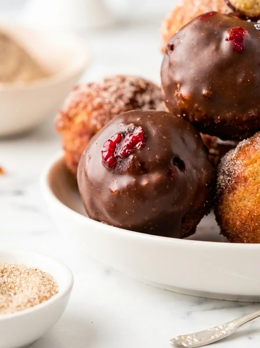 A neat arrangement of all the raw ingredients for homemade donut holes laid out on a clean white marble countertop. Flour, sugar, baking powder, nutmeg, egg, milk, melted butter, and vanilla are in minimalist white ceramic bowls. A small bowl of cinnamon and a container of raspberry jam are also visible. A fresh sprig of mint or rosemary is subtly in the background, and the same wooden cutting board is present. Natural morning light, soft shadows, warm tones. No hands or people. (3:4 ratio)