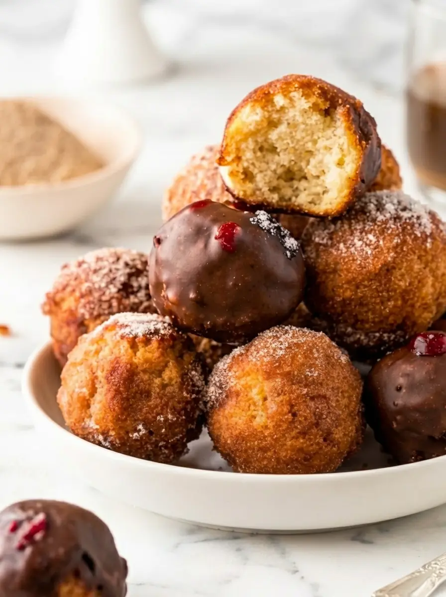 A close-up shot focusing on the process of frying donut holes. Several golden-brown donut holes are gently bubbling in hot oil within a heavy-bottomed pot, with a slotted spoon carefully turning one. In the foreground, freshly fried donut holes are draining on a wire rack lined with paper towels on a white marble countertop. The scene is bright with natural morning light, showing soft shadows and a clean, tidy presentation. No hands or people. (3:4 ratio)