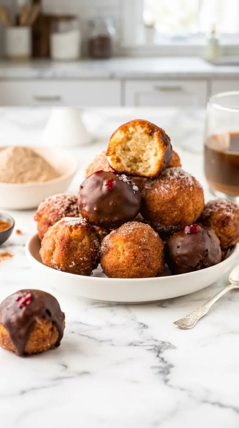 A beautifully styled shot of a single homemade donut hole, half-dipped in luscious chocolate glaze, with another donut hole dusted in cinnamon sugar sitting beside it on a minimalist white plate. A small dish of vibrant red raspberry jam is nearby, and the texture of the fluffy interior of a bitten donut hole is visible. The setting is a white marble countertop under natural morning light from an east window, with a subtle wood accent and fresh herbs in the blurred background, creating warm tones and soft shadows. No hands or people. (3:4 ratio)