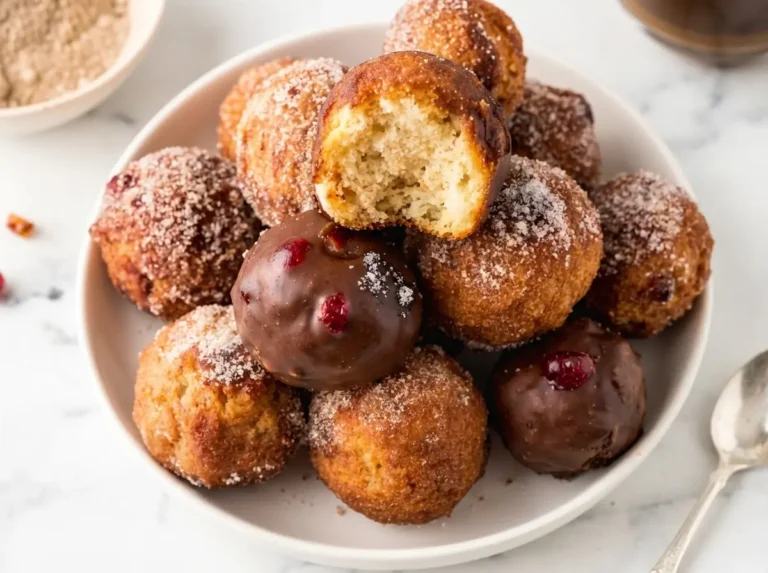 A close-up, elevated shot of a rustic white ceramic plate overflowing with a variety of homemade donut holes. Some are coated in sparkling cinnamon sugar, one is bitten to reveal a fluffy, tender interior. Others are generously covered in a rich, dark chocolate glaze, and a few have a glistening dollop of vibrant red raspberry jam on top. The donut holes are piled high, creating a tempting mound. The background is a softly blurred, bright kitchen scene with subtle natural morning light from an east window, highlighting marble countertops and hints of wood accents. The overall tone is warm and inviting, with soft shadows and a clean, tidy presentation. No hands or people.
