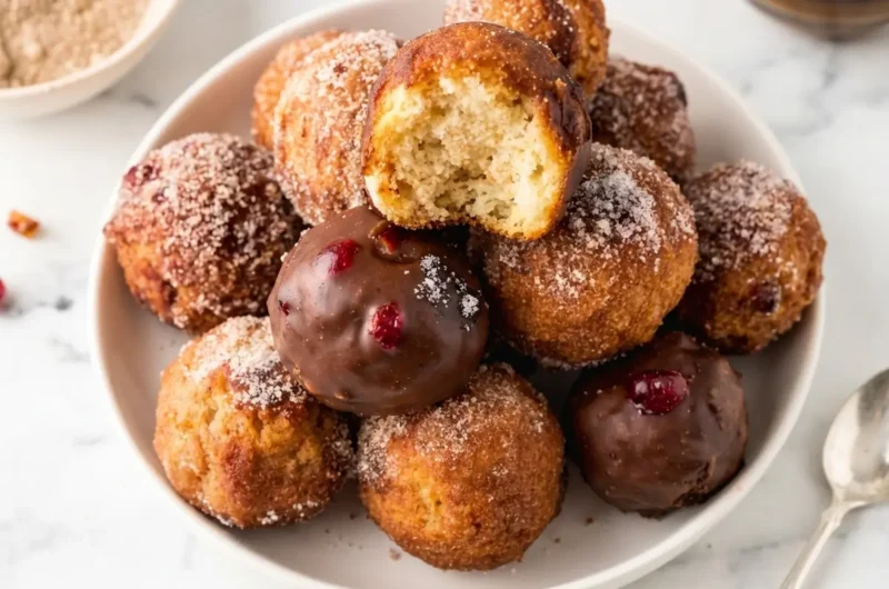 A close-up, elevated shot of a rustic white ceramic plate overflowing with a variety of homemade donut holes. Some are coated in sparkling cinnamon sugar, one is bitten to reveal a fluffy, tender interior. Others are generously covered in a rich, dark chocolate glaze, and a few have a glistening dollop of vibrant red raspberry jam on top. The donut holes are piled high, creating a tempting mound. The background is a softly blurred, bright kitchen scene with subtle natural morning light from an east window, highlighting marble countertops and hints of wood accents. The overall tone is warm and inviting, with soft shadows and a clean, tidy presentation. No hands or people.