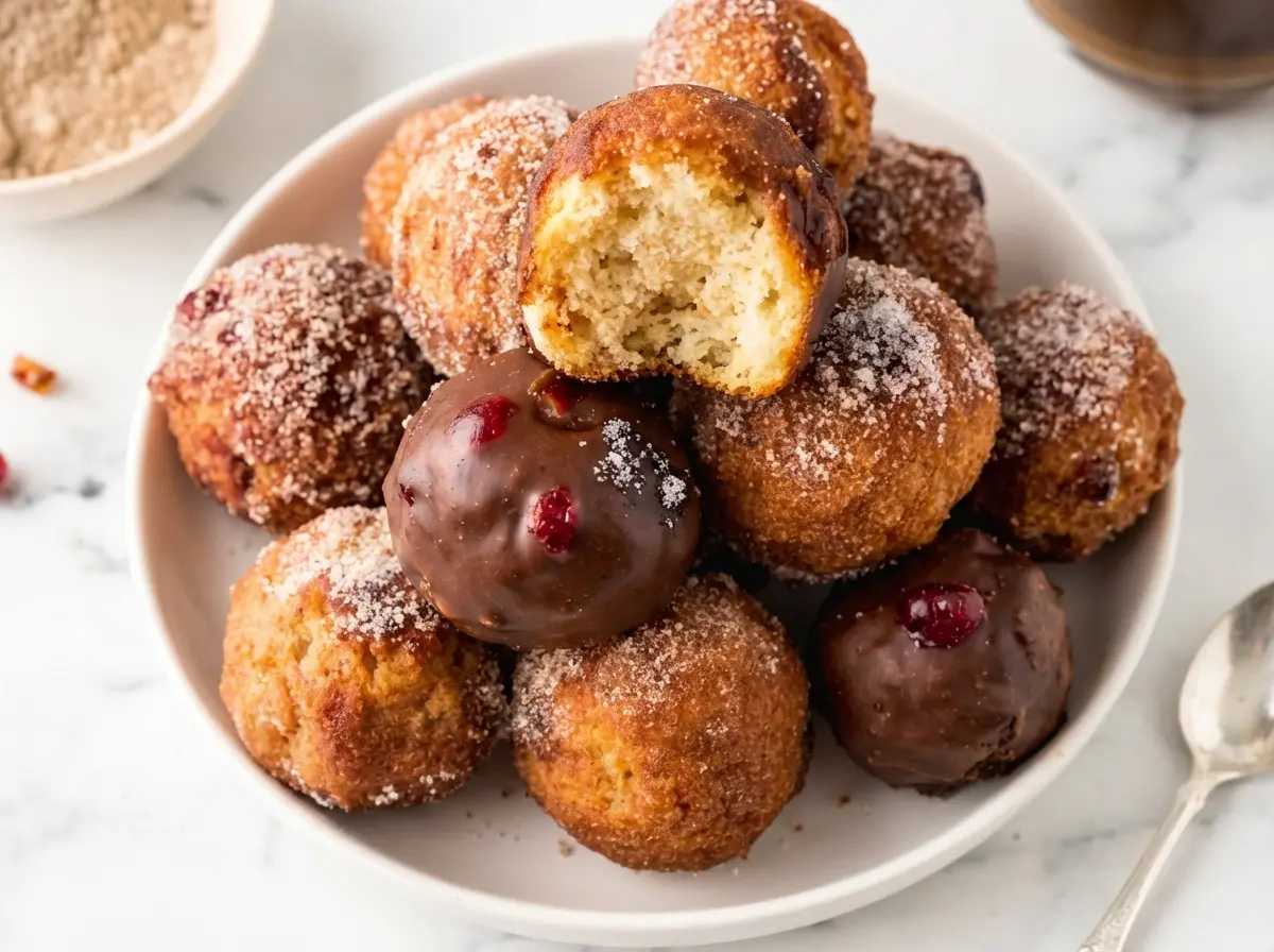 A close-up, elevated shot of a rustic white ceramic plate overflowing with a variety of homemade donut holes. Some are coated in sparkling cinnamon sugar, one is bitten to reveal a fluffy, tender interior. Others are generously covered in a rich, dark chocolate glaze, and a few have a glistening dollop of vibrant red raspberry jam on top. The donut holes are piled high, creating a tempting mound. The background is a softly blurred, bright kitchen scene with subtle natural morning light from an east window, highlighting marble countertops and hints of wood accents. The overall tone is warm and inviting, with soft shadows and a clean, tidy presentation. No hands or people.