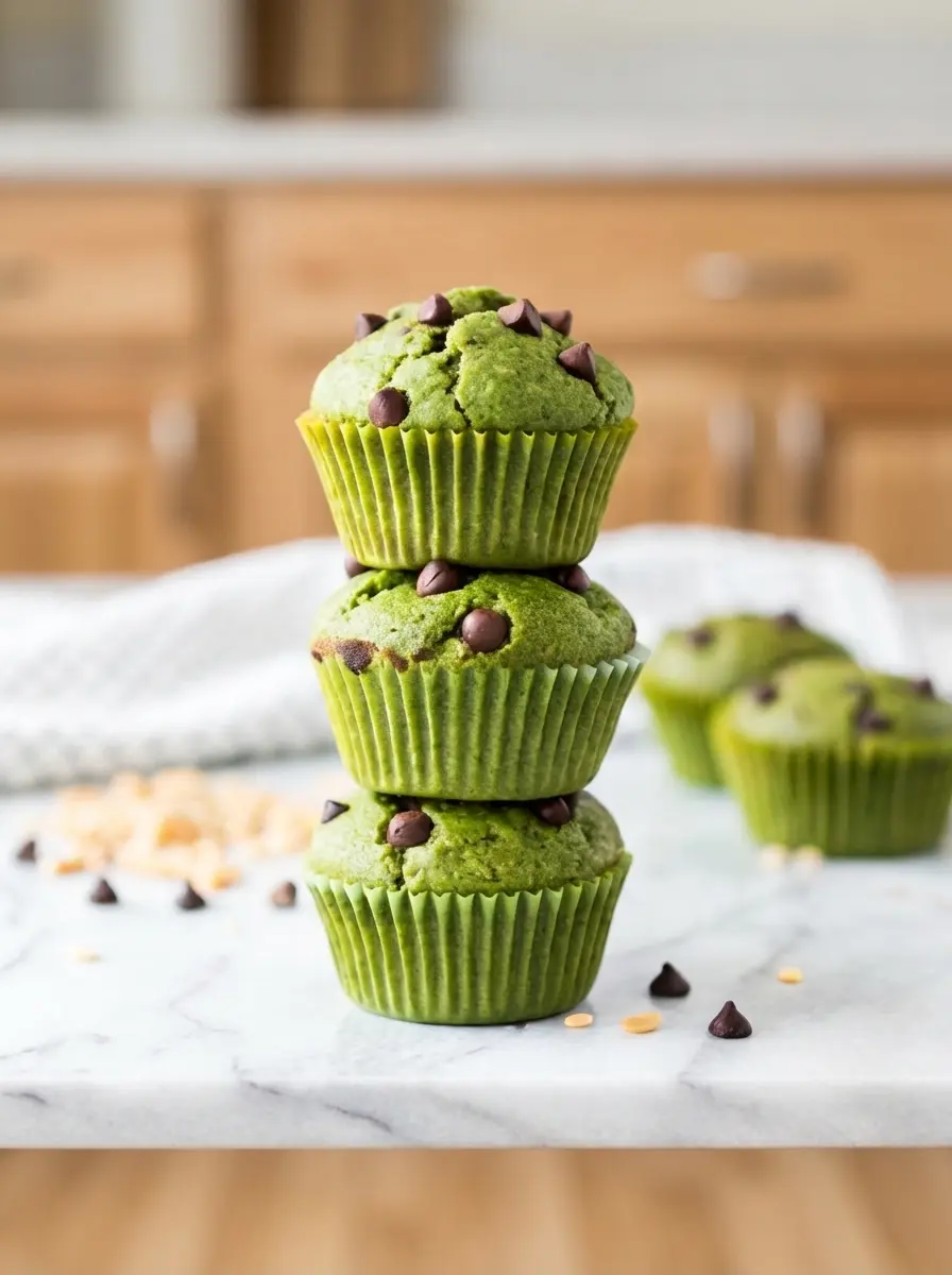 A close-up of a bowl of vibrant green muffin batter being gently spooned into ribbed muffin liners in a baking tin. The batter has a smooth consistency, and a few vegan chocolate chips are visible. A small amount of plant milk in a ceramic pitcher is in the blurred background. Marble countertop, natural morning light, soft shadows. (3:4 ratio)