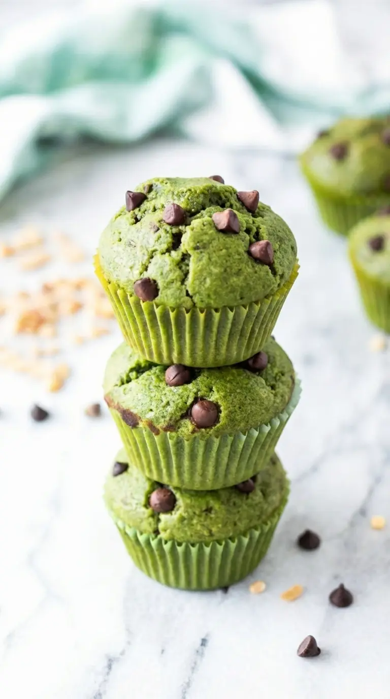 A single fluffy green spinach muffin, halved to reveal its moist, airy, emerald-green crumb. It's resting on a small white plate with a fork beside it, showcasing the soft texture and hidden spinach. The background is a gently blurred marble countertop with a hint of a wooden accent. Natural morning light, soft shadows, clean presentation. (3:4 ratio)